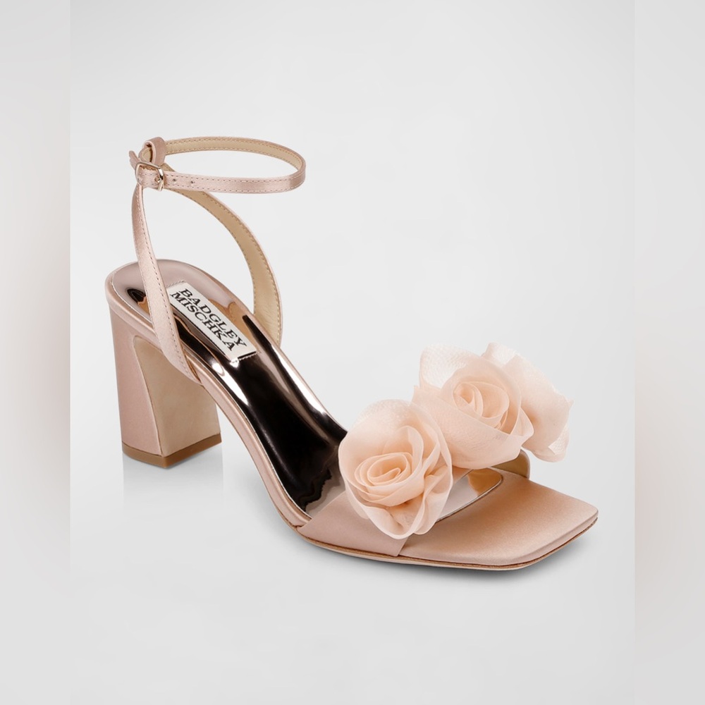 BADGLEY MISCHKA Carli Satin Tulle Rose Ankle-Strap Sandals in Blush Nude Sz 10